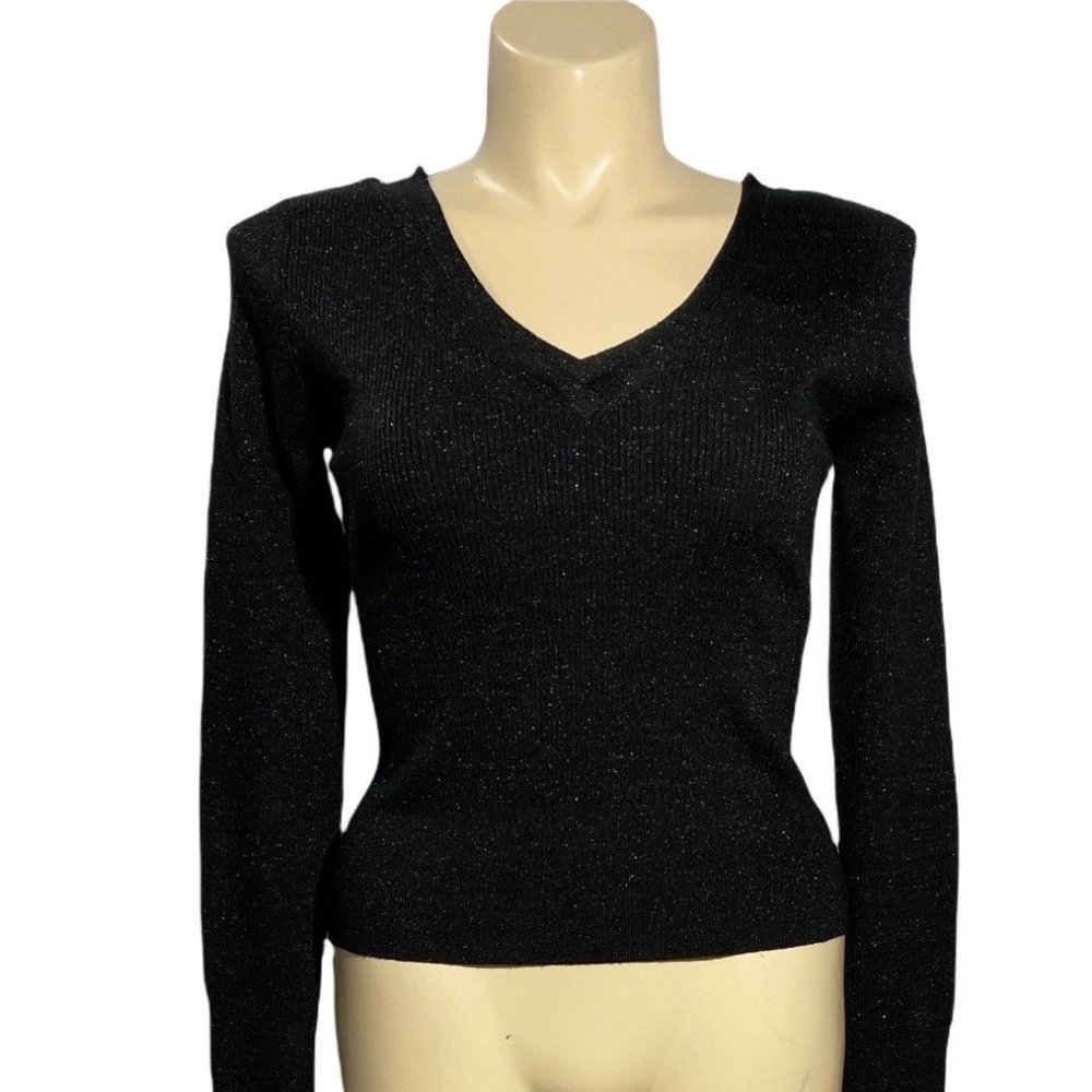 Willi Smith XL Womens‎ Sweater Black SIlver Metalic Flakes Long Sl Sexy V Neck